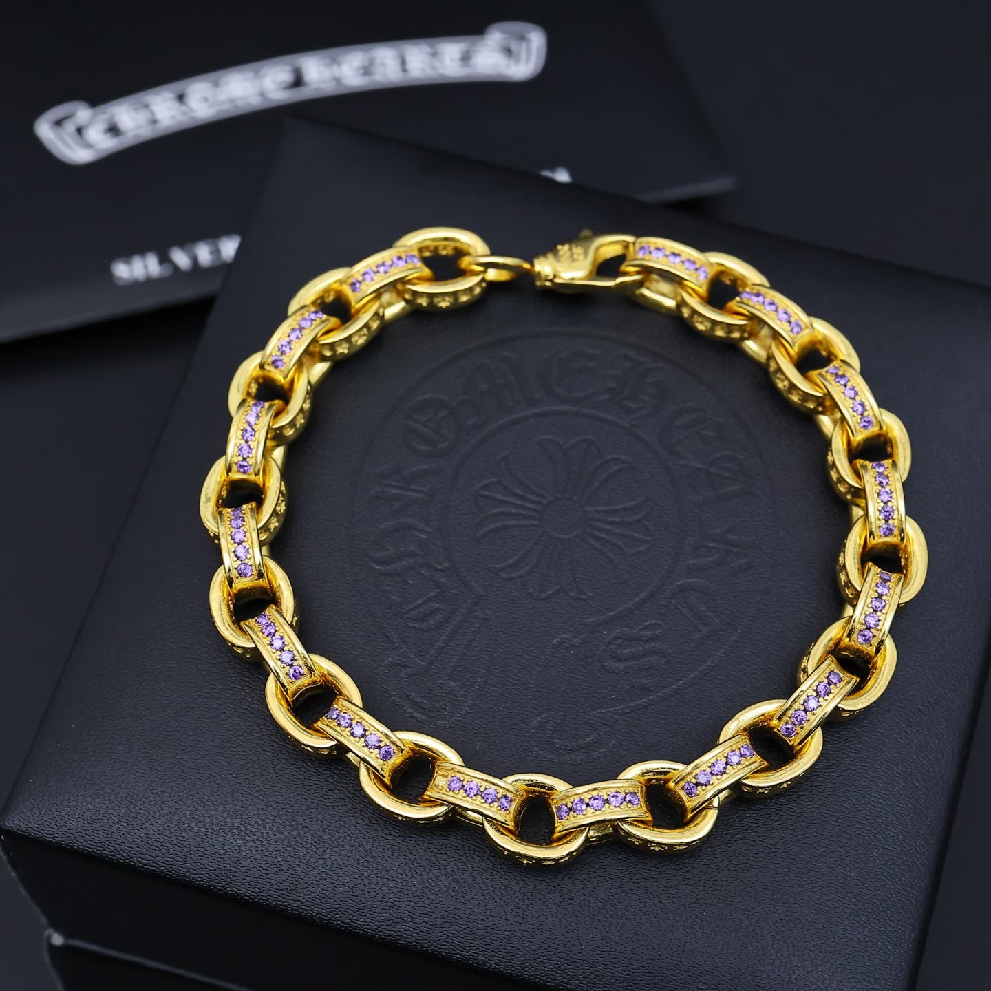 Chrome Hearts Gold Bracelet with Black and Purple Stones